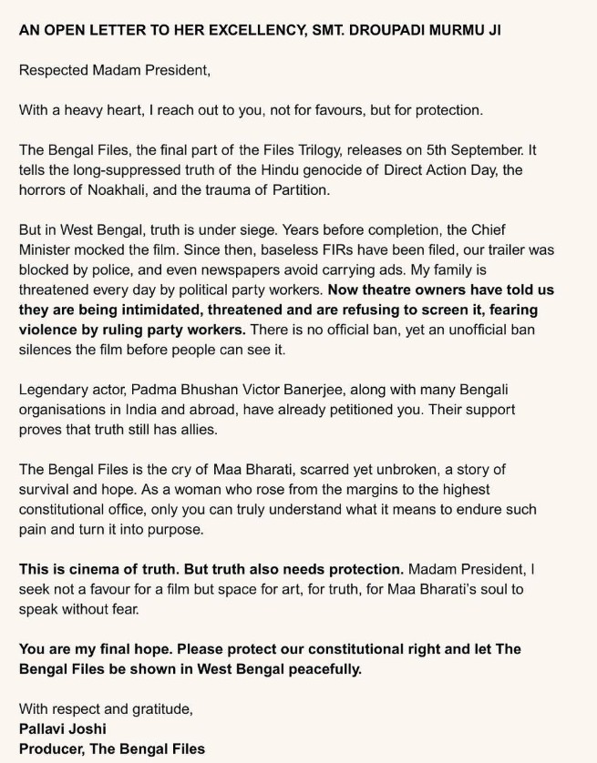 Bengal Files Producer Letter to President Murmu