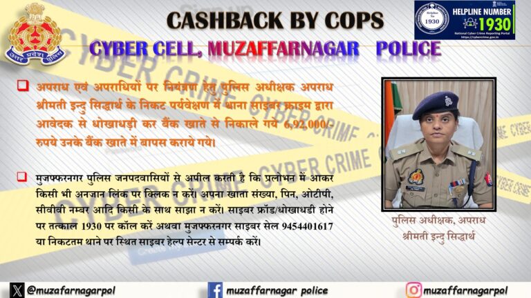 मुजफ्फरनगर साइबर पुलिस का बड़ा झटका! ठगों से 6.92 लाख रुपये पीड़ित को कराए वापस!